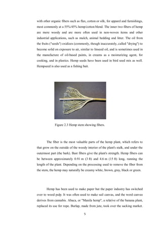 5
with other organic fibers such as flax, cotton or silk, for apparel and furnishings,
most commonly at a 55%/45% hemp/cotton blend. The inner two fibers of hemp
are more woody and are more often used in non-woven items and other
industrial applications, such as mulch, animal bedding and litter. The oil from
the fruits ("seeds") oxidizes (commonly, though inaccurately, called "drying") to
become solid on exposure to air, similar to linseed oil, and is sometimes used in
the manufacture of oil-based paints, in creams as a moisturizing agent, for
cooking, and in plastics. Hemp seeds have been used in bird seed mix as well.
Hempseed is also used as a fishing bait.
Figure 2.3 Hemp stem showing fibers.
The fiber is the most valuable parts of the hemp plant, which refers to
that grow on the outside of the woody interior of the plant's stalk, and under the
outermost part (the bark). Bast fibers give the plant's strength. Hemp fibers can
be between approximately 0.91 m (3 ft) and 4.6 m (15 ft) long, running the
length of the plant. Depending on the processing used to remove the fiber from
the stem, the hemp may naturally be creamy white, brown, gray, black or green.
Hemp has been used to make paper but the paper industry has switched
over to wood pulp. It was often used to make sail canvas, and the word canvas
derives from cannabis. Abaca, or "Manila hemp", a relative of the banana plant,
replaced its use for rope. Burlap, made from jute, took over the sacking market.
 