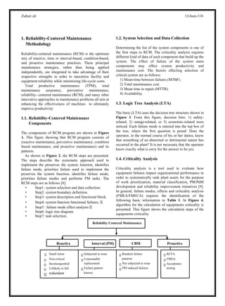 Zubair ali 12-bsm-118
1. Reliability-Centered Maintenance
Methodology
Reliability-centered maintenance (RCM) is the optimum
mix of reactive, time or interval-based, condition-based,
and proactive maintenance practices. These principal
maintenance strategies, rather than being applied
independently, are integrated to take advantage of their
respective strengths in order to maximize facility and
equipment reliability while minimizing life-cycle costs.
Total productive maintenance (TPM), total
maintenance assurance, preventive maintenance,
reliability- centered maintenance (RCM), and many other
innovative approaches to maintenance problems all aim at
enhancing the effectiveness of machines to ultimately
improve productivity
1.1. Reliability-Centered Maintenance
Components
The components of RCM program are shown in Figure
1. This figure showing that RCM program consists of
(reactive maintenance, preventive maintenance, condition
based maintenance, and proactive maintenance) and its
patterns.
As shown in Figure 2, the RCM steps are presented.
The steps describe the systematic approach used to
implement the preserves the system function, identifies
failure mode, priorities failure used to implement the
preserves the system function, identifies failure mode,
priorities failure modes and performs PM tasks. The
RCM steps are as follows [8]:
• Step1: system selection and data collection.
• Step2: system boundary definition.
• Step3: system description and functional block.
• Step4: system function functional failures.
• Step5 : failure mode effect analysis
• Step6: logic tree diagram.
• Step7: task selection.
1.2. System Selection and Data Collection
Determining the list of the system components is one of
the first steps in RCM. The criticality analysis requires
different kind of data of each component that build up the
system. The effect of failure of the system main
components may effect system productivity and
maintenance cost. The factors effecting selection of
critical system are as follows:
1) Mean-time between failures (MTBF).
2) Total maintenance cost.
3) Mean time to repair (MTTR).
4) Availability.
1.3. Logic Tree Analysis (LTA)
The basic (LTA) uses the decision tree structure shown in
Figure 3. From this figure, decision bins: 1) safety-
related, 2) outage-related, or 3) economic-related were
noticed. Each failure mode is entered into the top box of
the tree, where the first question is posed: Does the
operator, in the normal course of his or her duties, know
that something of an abnormal or detrimental nature has
occurred in the plant? It is not necessary that the operator
know exactly what is awry for the answer to be yes.
1.4. Criticality Analysis
Criticality analysis is a tool used to evaluate how
equipment failures impact organizational performance in
order to systematically rank plant assets for the purpose
of work prioritization, material classification, PM/PdM
development and reliability improvement initiatives [9].
In general, failure modes, effects and criticality analysis
(FMEA/FMECA) requires the identification of the
following basic information in Table 1. In Figure 4,
algorithm for the calculation of equipments criticality is
presented. This figure shows the calculation steps of the
equipments criticality
Reliability Centered Maintenance
ProactiveCBMInterval (PM)Reactive
Small items
Non-critical
Inconsequential
Unlikely to fail
redundant
Subjected to wear
Consumable
replacement
Failure pattern
known
Random failure
patterns
Not subjected to wear
PM induced failures
RCFA
FMEA
Acceptance
testing
 