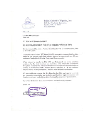Letter of Recommendation by Faith Mission of Uganda, Inc