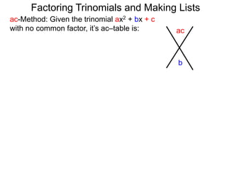 ac-Method: Given the trinomial ax2 + bx + c
with no common factor, it’s ac–table is: ac
b
Factoring Trinomials and Making Lists
 