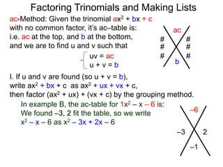 ac-Method: Given the trinomial ax2 + bx + c
with no common factor, it’s ac–table is:
i.e. ac at the top, and b at the bottom,
and we are to find u and v such that
–6
–1
–3 2
uv = ac
u + v = b
I. If u and v are found (so u + v = b),
write ax2 + bx + c as ax2 + ux + vx + c,
then factor (ax2 + ux) + (vx + c) by the grouping method.
In example B, the ac-table for 1x2 – x – 6 is:
We found –3, 2 fit the table, so we write
x2 – x – 6 as x2 – 3x + 2x – 6
ac
b
# #
# #
# #
Factoring Trinomials and Making Lists
 