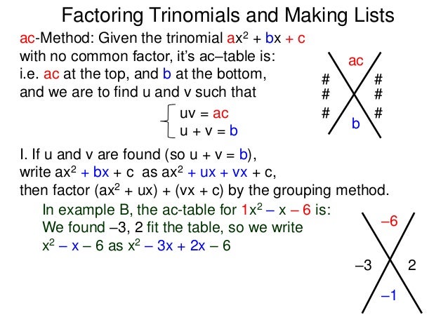 49 factoring trinomials the ac method and making lists ac method