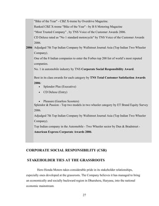 "Bike of the Year" - CBZ X-treme by Overdrive Magazine.
Ranked CBZ X-treme "Bike of the Year" - by B S Motoring Magazine
“Most Trusted Company” , by TNS Voice of the Customer Awards 2006.
CD Deluxe rated as "No 1 standard motorcycle" by TNS Voice of the Customer Awards
2006.
2006 Adjudged 7th Top Indian Company by Wallstreet Journal Asia (Top Indian Two Wheeler
Company).
One of the 8 Indian companies to enter the Forbes top 200 list of world’s most reputed
companies.
No. 1 in automobile industry by TNS Corporate Social Responsibility Award.
Best in its class awards for each category by TNS Total Customer Satisfaction Awards
2006:
• Splendor Plus (Executive)
• CD Deluxe (Entry)
• Pleasure (Gearless Scooters)
Splendor & Passion - Top two models in two wheeler category by ET Brand Equity Survey
2006.
Adjudged 7th Top Indian Company by Wallstreet Journal Asia (Top Indian Two Wheeler
Company).
Top Indian company in the Automobile - Two Wheeler sector by Dun & Bradstreet -
American Express Corporate Awards 2006.
CORPORATE SOCIAL RESPONSIBILITY (CSR)
STAKEHOLDER TIES AT THE GRASSROOTS
Hero Honda Motors takes considerable pride in its stakeholder relationships,
especially ones developed at the grassroots. The Company believes it has managed to bring
an economically and socially backward region in Dharuhera, Haryana, into the national
economic mainstream.
27
 
