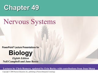 Copyright © 2008 Pearson Education, Inc., publishing as Pearson Benjamin Cummings
PowerPoint® Lecture Presentations for
Biology
Eighth Edition
Neil Campbell and Jane Reece
Lectures by Chris Romero, updated by Erin Barley with contributions from Joan Sharp
Chapter 49
Nervous Systems
 