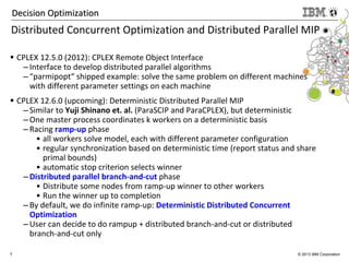 7 © 2013 IBM Corporation
Decision OptimizationDecision Optimization
Distributed Concurrent Optimization and Distributed Parallel MIP
CPLEX 12.5.0 (2012): CPLEX Remote Object Interface
– Interface to develop distributed parallel algorithms
– “parmipopt“ shipped example: solve the same problem on different machines
with different parameter settings on each machine
CPLEX 12.6.0 (upcoming): Deterministic Distributed Parallel MIP
– Similar to Yuji Shinano et. al. (ParaSCIP and ParaCPLEX), but deterministic
– One master process coordinates k workers on a deterministic basis
– Racing ramp-up phase
• all workers solve model, each with different parameter configuration
• regular synchronization based on deterministic time (report status and share
primal bounds)
• automatic stop criterion selects winner
– Distributed parallel branch-and-cut phase
• Distribute some nodes from ramp-up winner to other workers
• Run the winner up to completion
– By default, we do infinite ramp-up: Deterministic Distributed Concurrent
Optimization
– User can decide to do rampup + distributed branch-and-cut or distributed
branch-and-cut only
 