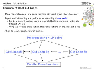 8 © 2013 IBM Corporation
Decision OptimizationDecision Optimization
Concurrent Root Cut Loops
More classical context: one single machine with multi cores (shared memory)
Exploit multi-threading and performance variability at root node:
– Run k concurrent root cut loops in a parallel fashion, each one rooted at a
different LP basis
– Along the process, share cuts and feasible solutions among the k cut loops
Then do regular parallel branch-and-cut
Preprocessing + LP solve
Cut Loop #1 Cut Loop #2 Cut Loop #k...
Parellel Branch-and-cut
 