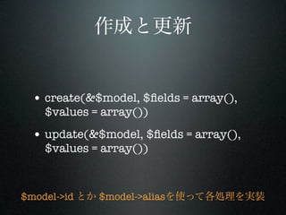 • create(&$model, $ﬁelds = array(),
    $values = array())
  • update(&$model, $ﬁelds = array(),
    $values = array())



$model->id   $model->alias
 