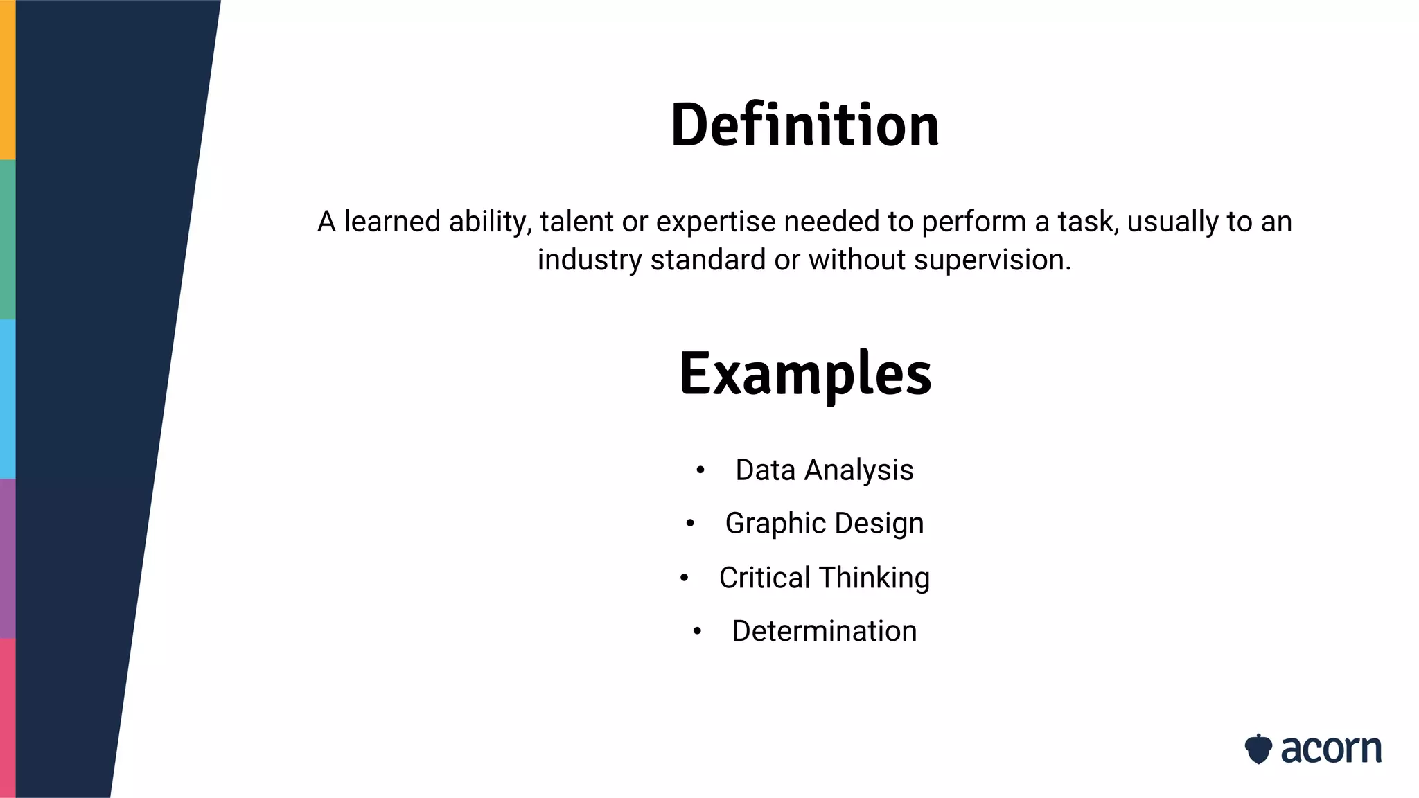 Definition
A learned ability, talent or expertise needed to perform a task, usually to an
industry standard or without supervision.
Examples
• Data Analysis
• Graphic Design
• Critical Thinking
• Determination
 