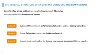 3
Each of the four annual webinars has a length of approximately 45 minutes
and is subdivided into three thematic sections:
THE GENERAL STRUCTURE OF EACH CHINA OUTBOUND TOURISM WEBINAR
Outbound China: Relevant performance data based on updated booking transactions
Topical flight data combined with background analysis
Analysis of relevant trends in the demand structure and behaviour of Chinese travellers
Section A
Section B
Section C
 