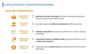 4
CHINA OUTBOUND TOURISM WEBINAR SERIES
WHAT ARE YOUR BENEFITS?
STRATEGIES &
GUIDANCE
PERSONALISED
SOLUTIONS
UP-TO-DATE
INSIGHTS
1. Quantitative overview and analysis of the latest developments and trends
in China’s outbound travel market 2017/18
2. Up-to-date insights into preferences and demands of Chinese travellers
3. Strategies and guidance to improve your performance in China’s outbound
travel market
4. Personalised solutions and additional data provided in written form for up
to three of your questions
QUANTITATIVE
ANALYSIS
5. Completely featured webinar content available for download directly after
each webinar
CONTENT FOR
DOWNLOAD
 