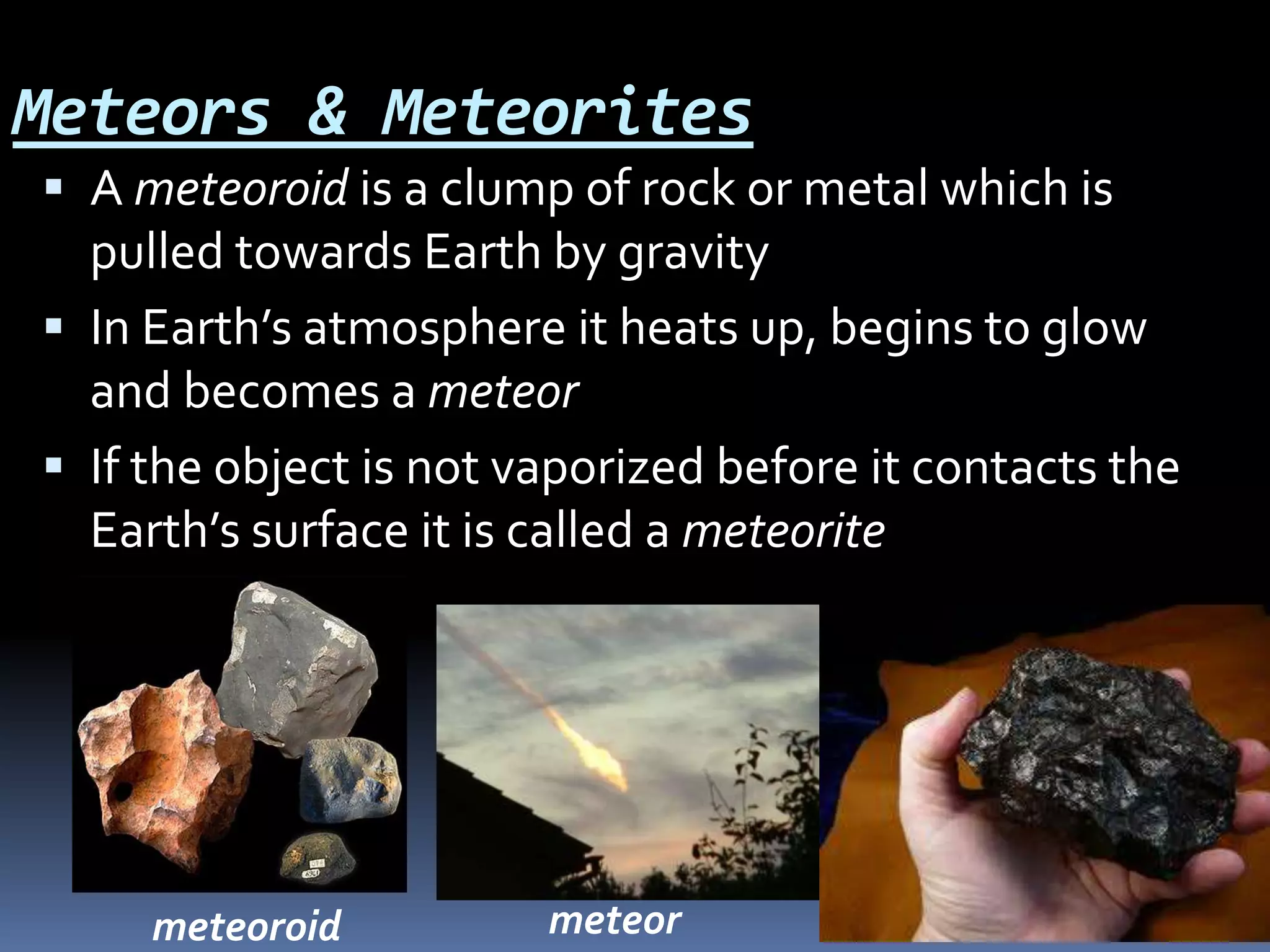 Meteors & Meteorites
 A meteoroid is a clump of rock or metal which is
pulled towards Earth by gravity
 In Earth’s atmosphere it heats up, begins to glow
and becomes a meteor
 If the object is not vaporized before it contacts the
Earth’s surface it is called a meteorite
meteoroid meteor meteor shower
 