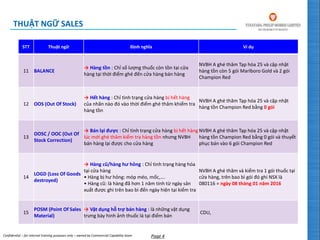 Confidential – for internal training purposes only – owned by Commercial Capability team Page 4
STT Thuật ngữ Định nghĩa Ví dụ
11 BALANCE
→ Hàng tồn : Chỉ số lượng thuốc còn tồn tại cửa
hàng tại thời điểm ghé đến cửa hàng bán hàng
NVBH A ghé thăm Tạp hóa 25 và cập nhật
hàng tồn còn 5 gói Marlboro Gold và 2 gói
Champion Red
12 OOS (Out Of Stock)
→ Hết hàng : Chỉ tình trạng cửa hàng bị hết hàng
của nhãn nào đó vào thời điểm ghé thăm khiểm tra
hàng tồn
NVBH A ghé thăm Tạp hóa 25 và cập nhật
hàng tồn Champion Red bằng 0 gói
13
OOSC / OOC (Out Of
Stock Correction)
→ Bán lại được : Chỉ tình trạng cửa hàng bị hết hàng
lúc mới ghé thăm kiểm tra hàng tồn nhưng NVBH
bán hàng lại được cho cửa hàng
NVBH A ghé thăm Tạp hóa 25 và cập nhật
hàng tồn Champion Red bằng 0 gói và thuyết
phục bán vào 6 gói Champion Red
14
LOGD (Loss Of Goods
destroyed)
→ Hàng cũ/hàng hư hỏng : Chỉ tình trạng hàng hóa
tại cửa hàng
• Hàng bị hư hỏng: móp méo, mốc,….
• Hàng cũ: là hàng đã hơn 1 năm tính từ ngày sản
xuất được ghi trên bao bì đến ngày hiện tại kiểm tra
NVBH A ghé thăm và kiểm tra 1 gói thuốc tại
cửa hàng, trên bao bì gói đó ghi NSX là
080116 = ngày 08 tháng 01 năm 2016
15
POSM (Point Of Sales
Material)
→ Vật dụng hỗ trợ bán hàng : là những vật dụng
trưng bày hình ảnh thuốc lá tại điểm bán
CDU,
THUẬT NGỮ SALES
 