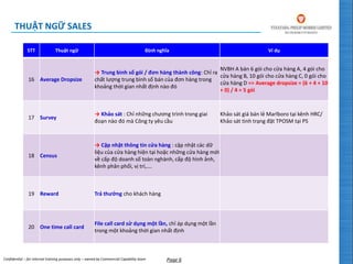 Confidential – for internal training purposes only – owned by Commercial Capability team Page 6
STT Thuật ngữ Định nghĩa Ví dụ
16 Average Dropsize
→ Trung bình số gói / đơn hàng thành công: Chỉ ra
chất lượng trung bình số bán của đơn hàng trong
khoảng thời gian nhất định nào đó
NVBH A bán 6 gói cho cửa hàng A, 4 gói cho
cửa hàng B, 10 gói cho cửa hàng C, 0 gói cho
cửa hàng D => Average dropsize = (6 + 4 + 10
+ 0) / 4 = 5 gói
17 Survey
→ Khảo sát : Chỉ những chương trình trong giai
đoạn nào đó mà Công ty yêu cầu
Khảo sát giá bán lẻ Marlboro tại kênh HRC/
Khảo sát tình trạng đặt TPOSM tại PS
18 Census
→ Cập nhật thông tin cửa hàng : cập nhật các dữ
liệu của cửa hàng hiện tại hoặc những cửa hàng mới
về cấp độ doanh số toàn nghành, cấp độ hình ảnh,
kênh phân phối, vị trí,….
19 Reward Trả thưởng cho khách hàng
20 One time call card
File call card sử dụng một lần, chỉ áp dụng một lần
trong một khoảng thời gian nhất định
THUẬT NGỮ SALES
 