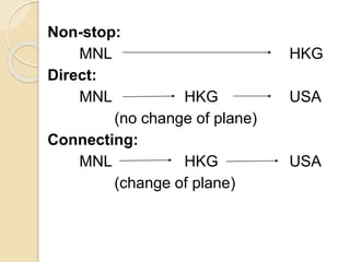 Non-stop:
MNL HKG
Direct:
MNL HKG USA
(no change of plane)
Connecting:
MNL HKG USA
(change of plane)