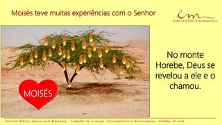 Moisés teve muitas experiências com o Senhor
I n s t i t u t o B í b l i c o E d u c a c i o n a l M a r a n a t a - T r a b a l h o d e C r i a n ç a s , I n t e r m e d i á r i o s e A d o l e s c e n t e s - A Fé Viva - 4 a a u l a
No monte
Horebe, Deus se
revelou a ele e o
chamou.
MOISÉS
 