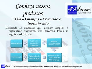 Conheça nossos produtos 1) 4A – Finanças – Expansão e Investimento: Destinada às empresas que desejam ampliar a capacidade produtiva, esta pareceria traças as seguintes diretrizes: 