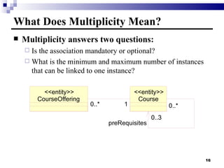 What Does Multiplicity Mean? Multiplicity answers two questions: Is the association mandatory or optional? What is the minimum and maximum number of instances that can be linked to one instance? CourseOffering <<entity>> Course <<entity>> 1 0..* 1 0..* 0..3 0..* preRequisites 0..3 0..* 
