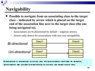 Navigability Possible to navigate from an associating class to the target class – indicated by arrow which is placed on the target end of the association line next to the target class (the one being navigated to). Associations are bi-directional by default – suppress arrows. Arrows only drawn for associations with one-way navigability. Navigability is inherently a design and implementation property. In analysis, associations are usually bi-directional; in design, we really check this. Bi-directional Class1 Class2 Uni-directional Class1 Class2 