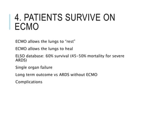 4. PATIENTS SURVIVE ON
ECMO
ECMO allows the lungs to “rest”
ECMO allows the lungs to heal
ELSO database: 60% survival (45-50% mortality for severe
ARDS)
Single organ failure
Long term outcome vs ARDS without ECMO
Complications
 