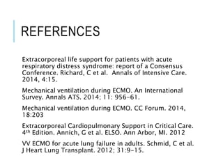 REFERENCES
Extracorporeal life support for patients with acute
respiratory distress syndrome: report of a Consensus
Conference. Richard, C et al. Annals of Intensive Care.
2014, 4:15.
Mechanical ventilation during ECMO. An International
Survey. Annals ATS. 2014; 11: 956-61.
Mechanical ventilation during ECMO. CC Forum. 2014,
18:203
Extracorporeal Cardiopulmonary Support in Critical Care.
4th Edition. Annich, G et al. ELSO. Ann Arbor, MI. 2012
VV ECMO for acute lung failure in adults. Schmid, C et al.
J Heart Lung Transplant. 2012; 31:9-15.
 