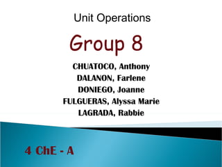 CHUATOCO, Anthony DALANON, Farlene DONIEGO, Joanne FULGUERAS, Alyssa Marie  LAGRADA, Rabbie Group 8 Unit Operations  4 ChE - A 