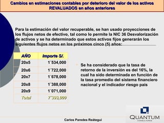 Cambios en estimaciones contables por deterioro del valor de los activos
                  REVALUADOS en años anteriores




  Para la estimación del valor recuperable, se han usado proyecciones de
  los flujos netos de efectivo, tal como lo permite la NIC 36 Desvalorización
  de activos y se ha determinado que estos activos fijos generarán los
  siguientes flujos netos en los próximos cinco (5) años:

     AÑO        Importe S/.
     20x5          1´534,000
                                     •   Se ha considerado que la tasa de
     20x6          1´722,000             retorno de la inversión es del 16%, la
     20x7          1´678,000             cual ha sido determinada en función de
                                         la tasa promedio del sistema financiero
     20x8          1´388,000             nacional y el indicador riesgo país
     20x9          1´071,000
     Total         7´393,000




                              Carlos Paredes Reátegui
 