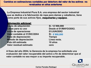 Cambios en estimaciones contables por deterioro del valor de los activos no
                     revaluados en años anteriores


1. La Empresa Industrial Piura S.A. una empresa del sector industrial
   que se dedica a la fabricación de ropa para damas y caballeros, tiene
   como parte de sus activos fijos, maquinarias y equipos .

   Información adicional:
   Costo de adquisición                    S/. 12´000,000
   Listas para su uso                      Desde el 01/MAYO/20X2.
   Inicio de operaciones                   01/JUN/20X2
   Valor contable al 31/DIC/20X4           S/. 8´800,000
   Base de depreciación                    Tiempo
   Método de depreciación                  Línea recta.
   Vida útil estimada                      10 años
   Valor residual estimado                 cero

  A fines del año 20X4, la Gerencia de la empresa ha solicitado una
  evaluación del valor recuperable del activo a fin de determinar que el
  valor contable no sea mayor a su importe recuperable.



                             Carlos Paredes Reátegui
 