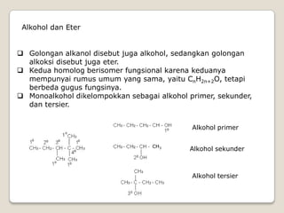 Alkohol dan Eter
 Golongan alkanol disebut juga alkohol, sedangkan golongan
alkoksi disebut juga eter.
 Kedua homolog berisomer fungsional karena keduanya
mempunyai rumus umum yang sama, yaitu CnH2n+2O, tetapi
berbeda gugus fungsinya.
 Monoalkohol dikelompokkan sebagai alkohol primer, sekunder,
dan tersier.
Alkohol primer
Alkohol sekunder
Alkohol tersier
CH3
 