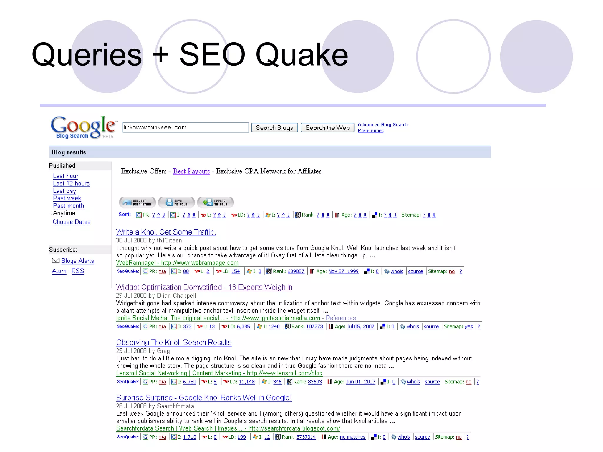 Queries + SEO Quake 