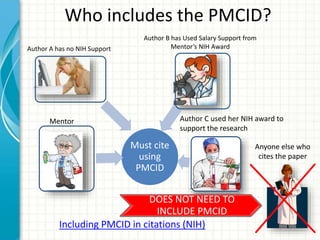 Who includes the PMCID?
Author A has no NIH Support
Author B has Used Salary Support from
Mentor’s NIH Award
Mentor Author C used her NIH award to
support the research
Including PMCID in citations (NIH)
Anyone else who
cites the paper
Must cite
using
PMCID
DOES NOT NEED TO
INCLUDE PMCID
 