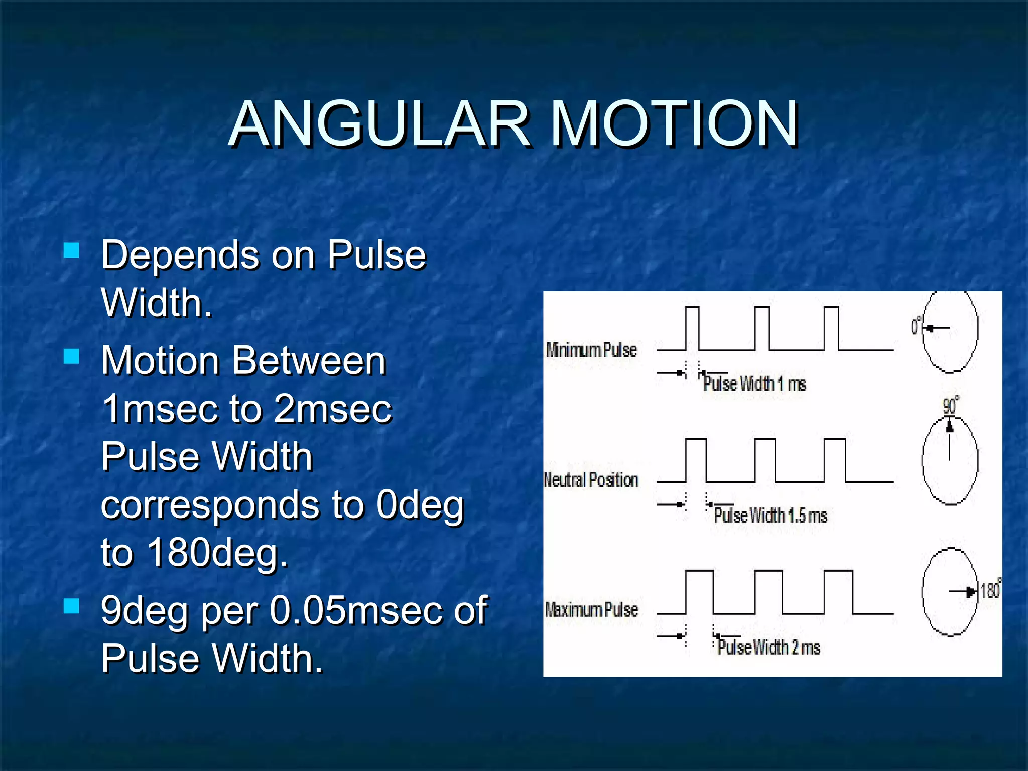 ANGULAR MOTIONANGULAR MOTION
 Depends on PulseDepends on Pulse
Width.Width.
 Motion BetweenMotion Between
1msec to 2msec1msec to 2msec
Pulse WidthPulse Width
corresponds to 0degcorresponds to 0deg
to 180deg.to 180deg.
 9deg per 0.05msec of9deg per 0.05msec of
Pulse Width.Pulse Width.
 