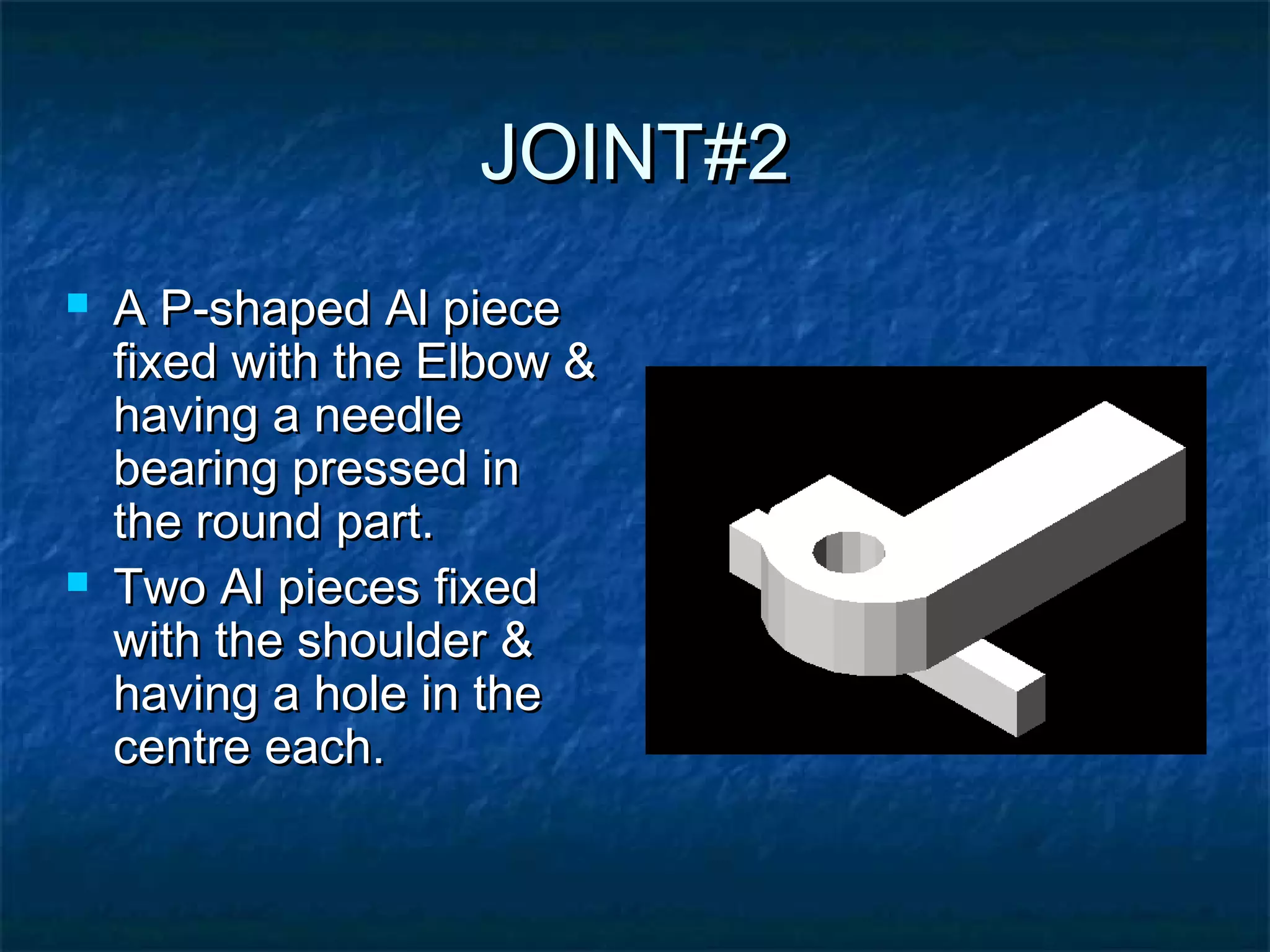 JOINT#2JOINT#2
 A P-shaped Al pieceA P-shaped Al piece
fixed with the Elbow &fixed with the Elbow &
having a needlehaving a needle
bearing pressed inbearing pressed in
the round part.the round part.
 Two Al pieces fixedTwo Al pieces fixed
with the shoulder &with the shoulder &
having a hole in thehaving a hole in the
centre each.centre each.
 