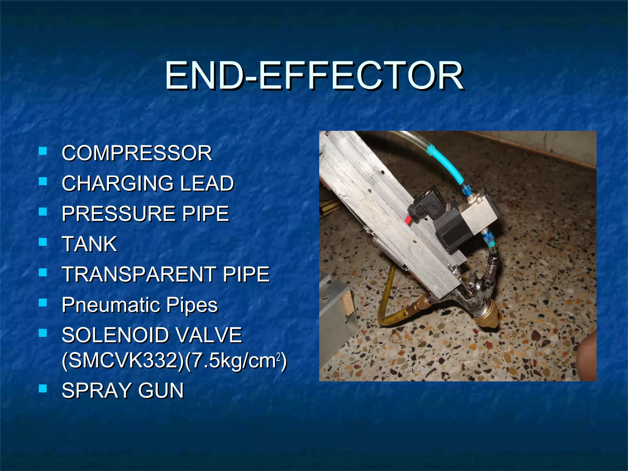END-EFFECTOREND-EFFECTOR
 COMPRESSORCOMPRESSOR
 CHARGING LEADCHARGING LEAD
 PRESSURE PIPEPRESSURE PIPE
 TANKTANK
 TRANSPARENT PIPETRANSPARENT PIPE
 Pneumatic PipesPneumatic Pipes
 SOLENOID VALVESOLENOID VALVE
(SMCVK332)(7.5kg/cm(SMCVK332)(7.5kg/cm22
))
 SPRAY GUNSPRAY GUN
 