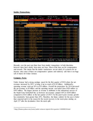 Insider Transactions:
Recently over the past year there have been insider transactions in both directions,
however there have clearly been more net buys. Most of the buys are for compensation
and rewards. This means that the insider transactions are not much of a concern for an
investor since most of these are compensation options and relatively safe there is no huge
sell of shares for Under Armour.
Company News:
Under Armour had a strong earnings report for the first quarter of 2016 where the net
revenues increased by 30%1 to bring it up to a total of $1.05 billion. Additionally,
operating revenue went up 26% to $35 million. Overall the projections for 2016 increased
the net revenues to $5 billion and the operating income was raised from $503 million to
$507 million. The largest increase in revenue is attributed to the widespread success of
the Steph Curry basketball line as footwear net revenues jumped 64% to $264 million
compared to $161 million in the last quarter of 2015. For the past 6 years revenue growth
has consistently been greater than 20%. Therefore, the future outlook for the year is better
than expected and it is the reason for the recent recovery in the stock price starting on
April 21st after the devaluation from the stock split.
1 http://finance.yahoo.com/news/under-armour-reports-first-quarter-110000033.html
 