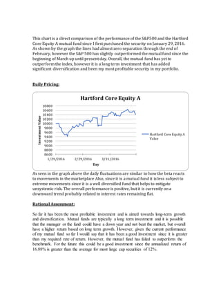 This chart is a direct comparison of the performance of the S&P500 and the Hartford
Core Equity A mutual fund since I first purchased the security on January 29, 2016.
As shown by the graph the lines had almost zero separation through the end of
February, however the S&P 500 has slightly outperformed the mutual fund since the
beginning of March up until present day. Overall, the mutual fund has yet to
outperform the index, however it is a long term investment that has added
significant diversification and been my most profitable security in my portfolio.
Daily Pricing:
As seen in the graph above the daily fluctuations are similar to how the beta reacts
to movements in the marketplace Also, since it is a mutual fund it is less subject to
extreme movements since it is a well diversified fund that helps to mitigate
unsystemic risk. The overall performance is positive, but it is currently on a
downward trend probably related to interest rates remaining flat.
Rational Assessment:
So far it has been the most profitable investment and is aimed towards long-term growth
and diversification. Mutual funds are typically a long term investment and it is possible
that the manager or the fund could have a down year and not beat the market, but overall
have a higher return based on long term growth. However, given the current performance
of my mutual fund so far I would say that it has been a good investment since it is greater
than my required rate of return. However, the mutual fund has failed to outperform the
benchmark. For the future this could be a good investment since the annualized return of
16.88% is greater than the average for most large cap securities of 12%.
8600
8800
9000
9200
9400
9600
9800
10000
10200
10400
10600
10800
1/29/2016 2/29/2016 3/31/2016
InvestmentValue
Day
Hartford Core Equity A
Hartford Core Equity A
Value
 