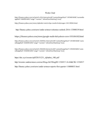 Works Cited
http://finance.yahoo.com/echarts?s=UA+Interactive#{"customRangeStart":1454043600,"customRa
ngeEnd":1460001600,"range":"custom","allowChartStacking":true}
http://finance.yahoo.com/news/alphabet-stock-slips-results-brokerages-141130061.html
http://finance.yahoo.com/news/under-armour-reiterates-outlook-2016-133000339.html
https://finance.yahoo.com/news/google-mulls-bid-yahoos-core-193106102.html
http://finance.yahoo.com/echarts?s=GOOGL+Interactive#{"customRangeStart":1454043600,"custo
mRangeEnd":1460001600,"range":"custom","allowChartStacking":true}
http://finance.yahoo.com/echarts?s=HAIAX+Interactive#{"customRangeStart":1454043600,"custo
mRangeEnd":1460001600,"range":"custom","allowChartStacking":true}
https://abc.xyz/investor/pdf/20151231_alphabet_10K.pdf
http://investor.underarmour.com/secfiling.cfm?filingID=1336917-16-64&CIK=1336917
http://finance.yahoo.com/news/under-armour-reports-first-quarter-110000033.html
 