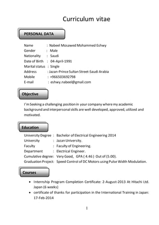 1
Education
Objective
Courses
Curriculum vitae
PERSONAL DATA
Name : Nabeel Mosawed Mohammed Eshwy
Gender : Male
Nationality : Saudi
Date of Birth : 04-April-1991
Marital status : Single
Address : Jazan-PrinceSultan Street-Saudi Arabia
Mobile : +966503692798
E-mail : eshwy.nabeel@gmail.com
I’mSeeking a challenging position in your company wheremy academic
background and interpersonalskills are well developed, approved, utilized and
motivated.
University Degree : Bachelor of Electrical Engineering 2014
University : Jazan University.
Faculty : Faculty of Engineering.
Department : Electrical Engineer.
Cumulative degree: Very Good, GPA ( 4.46 ) Out of (5.00).
Graduation Project: Speed Control of DC Motors using Pulse Width Modulation.
 Internship Program Completion Certificate: 2-August-2013 At Hitachi Ltd.
Japan (6 weeks)
 certificate of thanks for participation in the International Training in Japan:
17-Feb-2014
 