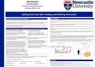 Getting Your Feet Wet: Finding and Defining Immersion
Introduction: The Problem of “Immersion”
John Dawson
Dr. Peter Andras
School of Computing Science
j.d.dawson@ncl.ac.uk
Giving Immersion Context: Virtual Environments, Presence, Flow Experience
Current Findings
References
• The term “Immersion” is used as a catch-all phrase to describe a user experience.
• However, this catch-all phrase is far from being well defined or understood in the contexts in which it is used. Often there are
conflicting definitions of what the term “Immersion” actually means for user involvement in an activity or experience.
• The Aim this Research is to examine what “Immersion” truly is and attempt to create a structured and coherent definition
that can be applied to describing a user experience.
Virtual Environments: The “Virtual Spaces”
• Can be thought of as a fictions “space” in which a user or
participant engage themselves within. Giving the illusion of
displacement to another location [1].
• Are “interactive”, often made up of image displays enhanced
by special processing and by non-visual display modalities, such
as auditory and haptic feedback, to convince users that they are
immersed in a synthetic space.”
• “Virtual Spaces” provide the “rule set” in which a user will
behave and act within; they dictate the “context” in which
activities can be performed and achieved. Example of this can
be seen clearly in Training Simulators such as those employed in
the training of Pilots or Virtual Reality surgery training for
Medical Students and Surgeons. Purely fictitious, high-fidelity
virtual environment for use in real-world applications.
• Need not be made up of complex audio-visual feedback
systems and processing; instead they can be engagement and
involvement in the task at hand [2] [3] or use of imagination of
metaphors and images, such as those presented through media
like books, film and television [4].
Presence: The Illusion of “You”
• Described as a “sense of being there” in a given
environment or activity. Even though the user or
participant may actually be physically situated in another
[5].
• Derived from an individual’s need for self-identification
[6] within the natural world :
• Presence is the complex relationship between the
experiences of the self within the Virtual Environment,
the reaction of the Virtual Environment, as well as the
reactions of others in the Virtual Environment.
• Presence s the “Illusion” when an individual no longer
perceives or acknowledges that the Virtual Environment is
being presented through a medium [7].
[1] Ellis, S.R. (1994) What are virtual environments? Computer Graphics and Applications [Online].14 (1), 17-22. Avaliable: http://ieeexplore.ieee.org/xpls/abs_all.jsp?arnumber=250914&tag=1#Citations
[2] Csíkszentmihályi, Mihály (1975), Beyond Boredom and Anxiety, San Francisco, CA: Jossey-Bass.
[3] Csikszentmihalyi, Mihaly (1990). Flow: The Psychology of Optimal Experience. New York: Harper and Row.
[4] Ricouer, P. (1978). The Metaphorical Process as Cognition, Imagination and Feeling. Critical Enquiry [Online]. 5 (1) 143-159. Available: http://www.jstor.org/stable/1342982
[5] Witmer.B.G. & Singer. M. J. (1998). Measuring Presence in Virtual Environments: A Presence Questionnaire. Presence: Teleoperators and Virtual Environments [Online]. 7(3), 225-240. Available:
http://www.mitpressjournals.org/doi/abs/10.1162/105474698565686
[6] Heeter, C. (1992). Being There: The Subjective Experience of Presence, Presence: Teleoperators and Virtual Environments, MIT Press, fall, 1992. Available: http://gel.msu.edu/carrie/publications/beingthere.html
[7] Insko, B (2003). Measuring Presence: Subjective, Behavioural and Physiological Methods [Online]. Available http://www.scs.ryerson.ca/aferworn/courses/CPS841/CLASSES/CPS841CL09/MeasuringPresence.pdf
Flow Experience: The mental absorption into an activity
• The psychological state in which people are so involved in an activity that nothing else seems to matter, the experience itself
is so enjoyable that people do it even at great cost, for the sheer sake of doing it. [3] [4]
• Characteristics of Flow Experience are as follows:
Challenging activities that require skills The merging of action and awareness Goals and feedback
Concentration on the task Sense of control The loss of self-consciousness
Transformation of time
• Virtual Environments composed of “Weak-links” and “Strong-links”.
“Weak-links” are methods and features that do not actively engage the individual but instead prompt the individual of the existence of the Illusionary space of the
Virtual Environment.
“Strong-links” are explicit and engaging features that prompt the individual of the changing dynamics and narrative of the Virtual Environment. They are the features
which provide immediate feedback and reward when engaging within the Virtual Environment.
• Virtual Environments displace the participant to another location or “reality”. A tacit or explicit “rule set” of what actions and behaviour are acceptable in the reality
then exists.
• Engaging and participating in behaviour that promotes the “rule set” validates the Virtual Environment, this in turn strengthens and develops Presence within the
Virtual Environment.
• Going against the rule-set undermines the Virtual Environment and the position of the individual within it. By undermining the rule-set, the Virtual Environment loses
validity and is unable to “convince” the user they are immersed within the synthetic space. Without presence, Virtual Environments lose their validity, and doing so
cannot be considered immersive experience.
• Two types of Immersion can then occur.
• “Extended Immersion”, where individuals devote significant psychological and physical resources in developing and maintaining their involvement in the activity over
an extended period of time (greater than that of a flow-experience). Immersion therefore becomes the rewarding experience of this participation, as by being engaged
and involved with the activity, the individual further validates the Virtual Environment, their Presence within it and the experience as a whole. This cycle continues with
immersion experience rewarding the actions and activities of those involved in the activity. This process is known as the “Immersion Cycle”.
• “Volatile-immersion” is characterized primarily by the presence of Flow-Experience; the psychological and physical state in which people as so involved in an activity
that nothing else seems to matter except the experience itself. Flow-experience is the measurement of the duration of the Immersion. “Immersion” is then the
descriptor of the entire encapsulated experience of Flow. This is known as “The Immersion Bubble”. Once a Flow-Experience ends, so does the Immersion in the
activity.
Immersion “Bubble”
Virtual Environment
Stimulus
Attention
Presence
Ruleset
Engagement
ProducesCreates
Forms Contains Defines
Develops
Encourages
Immersion
Validates
The Immersion Cycle
 