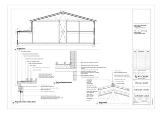 lift shaft
www.autodesk.com/revit
SCALE (@ A1)
CHECKED BY
TITLE
PROJECT NUMBER
CLIENT
PROJECT
DRAWING NUMBER REV
DRAWN BY DATE
STATUS PURPOSE OF ISSUE
CODE SUITABILITY DESCRIPTION
As indicated
12/01/201602:56:50
Full section & Details
Project Number
Pharmacy Arc600
Southampton council
Checker
2
J. Dobson 11/01/2016
Rev Description Date
1 : 50
Full Section
1
1 : 10
Flat roof wall abutment
3
1 : 10
Ridge detail
41 : 10
Flat roof curtain walling detail
2
Bauder capping sheet forming a welted drip
Bauder AL40 edge retention/ drainage trim
Bauder XF301 sedum vegetation blanket 28mm
Bauder SDF drainage Mat 20mm
Bauder root resistant capping sheet
Bauder underlay
Celotex Els 3000 150mm U-value= 0.18 w/m2k
Bauder vapour barrier
125mm deepflo Guttering
150mm Bison Hollow core
Gyprock Soundbloc F r-Value= 0.6
75mm Cavity closer, Manthorpe G241
Birtley CB70 Cavity Lintel
Kawneer AA100 structural Curtain walling
with 3m prestige series pr70 sun control window film
(provides solar resistance without tinting the glass & no need
solar shading attachments) (Film U-value 0.47)
Solid Dense Concrete Block 7.3N 140mm
supplys greater level of strength over an average
100mm wide block
150mm Bison Hollow core built into block work
100mm marmox thermo block providing y values of between 0.03 to
0.07W/mK.
Celotex Els 3000 150mm U-value= 0.18 w/m2k
Gyprock Soundbloc F r-Value= 0.6
140mm Evalast dense structural block 1.31W/m.K
Rapid Ridge pack (9304) comprising off;
100mm s/s wood screw through neoprene
washer, foam grommet and s/s clamping plate
Polypropylene ridge to steels/sridge batten
fixed with strap
to each rafter
with s/s ring
shank nail metal
Metal roll weathertight membrane
redland regent tile,
mechanically fixed at ridge
38x19mm sw counterbattens
12mm rigid sarking board
JJI 450 D rafter, 300mm thick
with u- value of 0.24
celotex FR5000
150mm insulation U-
value 0.11w/m2k
Half round ridge tile
Ridge batten 38x25mm
50x 25 mm batten
Roof truss
JJI Ridge Beam
Bauder XF301 sedum vegetation blanket 28mm
2
3
4
100mm Evalast dense structural block 1.22W/m.K
The Bauder flat green roof is not for
general access, it has a shallow sub
terrane & utilises small plants and
vegetation that are mostly self sustaining
through being tolerent to harsh weathers.
Total u-value of Render
exterior walls
= 3.828-3.773 W/ M²k
Total u-value of Cladding
exterior walls
= 3.616-3.596 W/ M²k
 