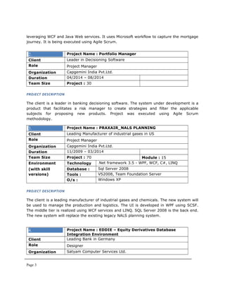 leveraging WCF and Java Web services. It uses Microsoft workflow to capture the mortgage
journey. It is being executed using Agile Scrum.
2. Project Name : Portfolio Manager
Client Leader in Decisioning Software
Role Project Manager
Organization Capgemini India Pvt.Ltd.
Duration 04/2014 – 08/2014
Team Size Project : 30
PROJECT DESCRIPTION
The client is a leader in banking decisioning software. The system under development is a
product that facilitates a risk manager to create strategies and filter the applicable
subjects for proposing new products. Project was executed using Agile Scrum
methodology.
3. Project Name : PRAXAIR_NALS PLANNING
Client Leading Manufacturer of industrial gases in US
Role Project Manager
Organization Capgemini India Pvt.Ltd.
Duration 11/2009 – 03/2014
Team Size Project : 70 Module : 15
Environment
(with skill
versions)
Technology .Net framework 3.5 - WPF, WCF, C#, LINQ
Database : Sql Server 2008
Tools : VS2008, Team Foundation Server
O/s : Windows XP
PROJECT DESCRIPTION
The client is a leading manufacturer of industrial gases and chemicals. The new system will
be used to manage the production and logistics. The UI is developed in WPF using SCSF.
The middle tier is realized using WCF services and LINQ. SQL Server 2008 is the back end.
The new system will replace the existing legacy NALS planning system.
4. Project Name : EDDIE – Equity Derivatives Database
Integration Environment
Client Leading Bank in Germany
Role Designer
Organization Satyam Computer Services Ltd.
Page 3
 