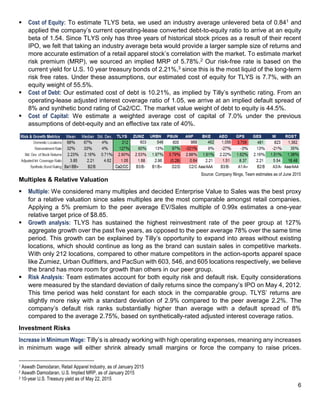 6
 Cost of Equity: To estimate TLYS beta, we used an industry average unlevered beta of 0.841 and
applied the company’s current operating-lease converted debt-to-equity ratio to arrive at an equity
beta of 1.54. Since TLYS only has three years of historical stock prices as a result of their recent
IPO, we felt that taking an industry average beta would provide a larger sample size of returns and
more accurate estimation of a retail apparel stock’s correlation with the market. To estimate market
risk premium (MRP), we sourced an implied MRP of 5.78%.2 Our risk-free rate is based on the
current yield for U.S. 10 year treasury bonds of 2.21%,3 since this is the most liquid of the long-term
risk free rates. Under these assumptions, our estimated cost of equity for TLYS is 7.7%, with an
equity weight of 55.5%.
 Cost of Debt: Our estimated cost of debt is 10.21%, as implied by Tilly’s synthetic rating. From an
operating-lease adjusted interest coverage ratio of 1.05, we arrive at an implied default spread of
8% and synthetic bond rating of Ca2/CC. The market value weight of debt to equity is 44.5%.
 Cost of Capital: We estimate a weighted average cost of capital of 7.0% under the previous
assumptions of debt-equity and an effective tax rate of 40%.
Multiples & Relative Valuation
 Multiple: We considered many multiples and decided Enterprise Value to Sales was the best proxy
for a relative valuation since sales multiples are the most comparable amongst retail companies.
Applying a 5% premium to the peer average EV/Sales multiple of 0.99x estimates a one-year
relative target price of $8.85.
 Growth analysis: TLYS has sustained the highest reinvestment rate of the peer group at 127%
aggregate growth over the past five years, as opposed to the peer average 78% over the same time
period. This growth can be explained by Tilly’s opportunity to expand into areas without existing
locations, which should continue as long as the brand can sustain sales in competitive markets.
With only 212 locations, compared to other mature competitors in the action-sports apparel space
like Zumiez, Urban Outfitters, and PacSun with 603, 546, and 605 locations respectively, we believe
the brand has more room for growth than others in our peer group.
 Risk Analysis: Team estimates account for both equity risk and default risk. Equity considerations
were measured by the standard deviation of daily returns since the company’s IPO on May 4, 2012.
This time period was held constant for each stock in the comparable group. TLYS’ returns are
slightly more risky with a standard deviation of 2.9% compared to the peer average 2.2%. The
company’s default risk ranks substantially higher than average with a default spread of 8%
compared to the average 2.75%, based on synthetically-rated adjusted interest coverage ratios.
Investment Risks
Increase in Minimum Wage: Tilly’s is already working with high operating expenses, meaning any increases
in minimum wage will either shrink already small margins or force the company to raise prices.
1 Aswath Damodaran, Retail Apparel Industry, as of January 2015
2 Aswath Damodaran, U.S. Implied MRP, as of January 2015
3 10-year U.S. Treasury yield as of May 22, 2015
Source: Company filings, Team estimates as of June 2015
 