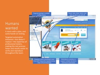 Organize testing in multiple
configurations
Playback a prior recording to save
time with frequently-repeated setup
steps and prerequisites
Bind data to controls, to
support multiple iterations
and future automation
Pause, save, close, return, and
pick up where you left off
 