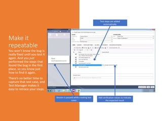 Add verification values to indicate
the expected result
Session is paused while creating test
cases
Test steps are added
automatically
 