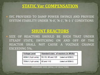 STATIC Var COMPENSATION
 SVC PROVIDED TO DAMP POWER SWINGS AND PROVIDE
SYSTEM STABILITY UNDER ‘N-0’, ’N-1’, ’N-1-1’ CONDITIONS
SHUNT REACTORS
 SIZE OF REACTORS SHOULD BE SUCH THAT UNDER
STEADY STATE, SWITCHING ON AND OFF OF THE
REACTOR SHALL NOT CAUSE A VOLTAGE CHANGE
EXCEEDING 5%.
STANDARD SIZE (MVAr) OF REACTORS
 
