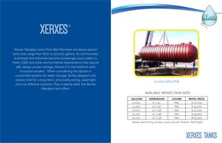 Xerxes fiberglass tanks from Rain Ranchers are below ground
tanks that range from 600 to 50,000 gallons. As communities,
businesses and industries become increasingly accountable to
meet LEED and other environmental requirements that require
safe, design-proven storage, Xerxes is in the forefront with
innovative answers. When considering the options in
customized systems for water storage, facility designers and
owners look for a long-term, structurally strong, watertight
and cost effective solutions. That is exactly what the Xerxes
fiberglass tank offers.
XERXES®
20,000 GALLONS
GALLONS DIMENSIONS COLORS RETAIL PRICE
10,000 8’ x 32’ Red $ 26,200
15,000 10’ x 30’ Red $ 34,700
20,000 10’ x 38’ Red $ 42,500
25,000 10’ x 48’ Red $ 59,900
30,000 10’ X 56’ Red $ 69,300
AVAILABLE XERXES TANK SIZES
Xerxes retail pricing includes a pump and pre-filtration. Add freight.
xerxes TANKS
 