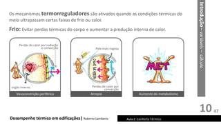 10
Os mecanismos termorreguladores são ativados quando as condições térmicas do
meio ultrapassam certas faixas de frio ou calor.
Desempenho térmico em edificações| Roberto Lamberts Aula 2: Conforto Térmico
Frio: Evitar perdas térmicas do corpo e aumentar a produção interna de calor.
Perdas de calor por radiação
e convecção
orgão interno Perdas de calor por
convecção
Vasoconstrição periférica Arrepio Aumento do metabolismo
Pele mais rugosa
Introdução
–
variáveis
–
cálculo
47
 