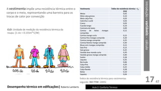 17
Desempenho térmico em edificações| Roberto Lamberts Aula 2: Conforto Térmico
A vestimenta impõe uma resistência térmica entre o
corpo e o meio, representando uma barreira para as
trocas de calor por convecção
Índice de resistência térmica para vestimentas
segundo ISO 7730 (2005)
CLO: Unidade de medição da resistência térmica da
roupa. (1 clo = 0.155m²°C/W)
Introdução
–
variáveis
–
cálculo
Vestimenta Índice de resistência térmica – Icl
(clo)
Meias 0,02
Meia calça grossa 0,10
Meia calça fina 0,03
Calcinha e sutiã 0,03
Cueca 0,03
Cuecão longo 0,10
Camiseta de baixo 0,09
Camisa de baixo mangas
compridas
0,12
Camisa manga curta 0,15
Camisa fina mangas comprida 0,20
Camisa manga comprida 0,25
Camisa flanela manga comprida 0,30
Blusa com mangas compridas 0,15
Saia fina 0,15
Saia grossa 0,25
Vestido leve manda curta 0,20
Vestido grosso manga comprida 0,40
Suéter 0,28
Jaqueta 0,35
Bermuda 0,06
Calça fina 0,20
Calça média 0,25
Calça flanela 0,28
Botas 0,10
Sapatos 0,04
47
 