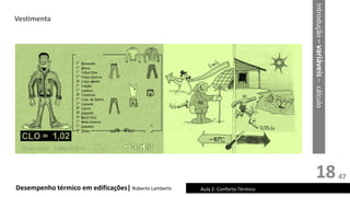 18
Desempenho térmico em edificações| Roberto Lamberts Aula 2: Conforto Térmico
Introdução
–
variáveis
–
cálculo
Vestimenta
47
 