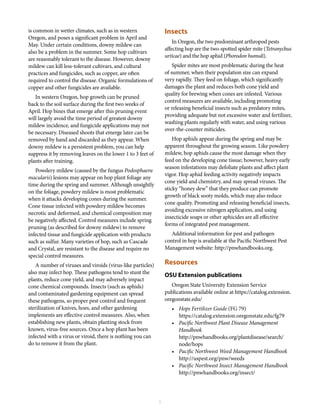 5
is common in wetter climates, such as in western
Oregon, and poses a significant problem in April and
May. Under certain conditions, downy mildew can
also be a problem in the summer. Some hop cultivars
are reasonably tolerant to the disease. However, downy
mildew can kill less-tolerant cultivars, and cultural
practices and fungicides, such as copper, are often
required to control the disease. Organic formulations of
copper and other fungicides are available.
In western Oregon, hop growth can be pruned
back to the soil surface during the first two weeks of
April. Hop bines that emerge after this pruning event
will largely avoid the time period of greatest downy
mildew incidence, and fungicide applications may not
be necessary. Diseased shoots that emerge later can be
removed by hand and discarded as they appear. When
downy mildew is a persistent problem, you can help
suppress it by removing leaves on the lower 1 to 3 feet of
plants after training.
Powdery mildew (caused by the fungus Podosphaera
macularis) lesions may appear on hop plant foliage any
time during the spring and summer. Although unsightly
on the foliage, powdery mildew is most problematic
when it attacks developing cones during the summer.
Cone tissue infected with powdery mildew becomes
necrotic and deformed, and chemical composition may
be negatively affected. Control measures include spring
pruning (as described for downy mildew) to remove
infected tissue and fungicide application with products
such as sulfur. Many varieties of hop, such as Cascade
and Crystal, are resistant to the disease and require no
special control measures.
A number of viruses and viroids (virus-like particles)
also may infect hop. These pathogens tend to stunt the
plants, reduce cone yield, and may adversely impact
cone chemical compounds. Insects (such as aphids)
and contaminated gardening equipment can spread
these pathogens, so proper pest control and frequent
sterilization of knives, hoes, and other gardening
implements are effective control measures. Also, when
establishing new plants, obtain planting stock from
known, virus-free sources. Once a hop plant has been
infected with a virus or viroid, there is nothing you can
do to remove it from the plant.
Insects
In Oregon, the two predominant arthropod pests
affecting hop are the two-spotted spider mite (Tetranychus
urticae) and the hop aphid (Phorodon humuli).
Spider mites are most problematic during the heat
of summer, when their population size can expand
very rapidly. They feed on foliage, which significantly
damages the plant and reduces both cone yield and
quality for brewing when cones are infested. Various
control measures are available, including promoting
or releasing beneficial insects such as predatory mites,
providing adequate but not excessive water and fertilizer,
washing plants regularly with water, and using various
over-the-counter miticides.
Hop aphids appear during the spring and may be
apparent throughout the growing season. Like powdery
mildew, hop aphids cause the most damage when they
feed on the developing cone tissue; however, heavy early
season infestations may defoliate plants and affect plant
vigor. Hop aphid feeding activity negatively impacts
cone yield and chemistry, and may spread viruses. The
sticky “honey dew” that they produce can promote
growth of black sooty molds, which may also reduce
cone quality. Promoting and releasing beneficial insects,
avoiding excessive nitrogen application, and using
insecticide soaps or other aphicides are all effective
forms of integrated pest management.
Additional information for pest and pathogen
control in hop is available at the Pacific Northwest Pest
Management website: http://pnwhandbooks.org.
Resources
OSU Extension publications
Oregon State University Extension Service
publications available online at https://catalog.extension.
oregonstate.edu/
•	 Hops Fertilizer Guide (FG 79)
https://catalog.extension.oregonstate.edu/fg79
•	 Pacific Northwest Plant Disease Management
Handbook
http://pnwhandbooks.org/plantdisease/search/
node/hops
•	 Pacific Northwest Weed Management Handbook
http://uspest.org/pnw/weeds
•	 Pacific Northwest Insect Management Handbook
http://pnwhandbooks.org/insect/
 