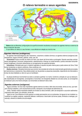 GEOGRAFIA
Ensino Fundamental 2019 3
NORTE SUPLETIVO
Relevo são as diferentes configurações da superfície terrestre resultantes da atuação dos agentes internos e externos da
Terra no decorrer das eras.
O que define um relevo é o seu formato e sua altitude em relação ao nível do mar.
Agentes internos (endógenos)
Os agentes internos(endógenos) são: tectonismo, vulcanismo e abalos sísmicos; os agentes externos (exógenos) são:
intemperismo, águas correntes, geleiras, vento, mar, etc.
Tectonismo:Forças oriundas do interior da Terra, que atuam de forma lenta e prolongada. Quando exercidas vertical-
mente (epirogênese). provocam soerguimentos, rebaixamentos e fraturas na crosta terrestre, quando exercidas horizontal-
mente (orogênese), provocam dobramentos ou enrugamentos da superfície terrestre.
Vulcanismo: Atividade pela qual o material magmático é expulso da parte interna para a parte externa da Terra. Pode
formar montanhas ou relevos vulcânicos, ilhas vulcânicas, etc.
Abalos sísmicos: Vibrações (tremores) que ocorrem nas camadas de rochas da crosta terrestre geralmente provocadas
por tectonismos e vulcanismos. Seus efeitos podem ser de grandes ou pequenas proporções, dependendo da intensidade e
do tipo de área (habitada ou não) em que se manifestam.
As placas tectônicas movimentam-se sobre a camada superficial do manto. Conforme a direção em que se deslocam,
são classificadas em divergentes, convergentes e horizontais. As divergentes afastam-se uma das outras; as convergentes
se deslocam para uma mesma direção e as horizontais se deslocam lado a lado.
Agentes externos (exógenos)
Águas correntes: Um dos mais importantes agente externos do relevo. Além das enxurradas, temos os rios, que reali-
zam diversos trabalhos, como escavamento do leito, transporte e acumulação de sedimentos etc.
Vento: Também realiza importante trabalho de erosão do relevo terrestre, além de transportar e acumular sedimentos
originando solos (loess, por exemplo), dunas etc.
Ação do mar: Sua influência é muito grande no contato permanente com os continentes. As águas do mar modelam ou
modificam as regiões costeiras, originando falésias e retificando o litoral além de formar praias, tômbolos e restingas, por
exemplo, através do trabalho de acumulação.
2200 km
N
O relevo terrestre e seus agentes
 